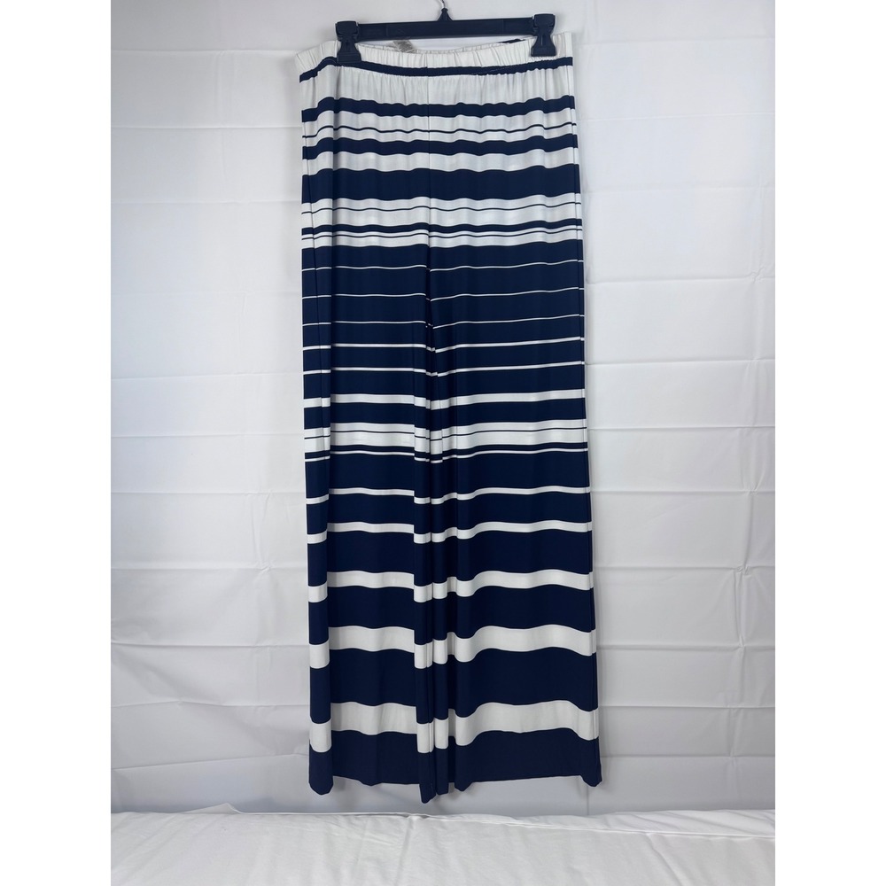 Chico's Navy White Striped Wide Leg Pants Size 1 Medium Elastic Waist Jersey